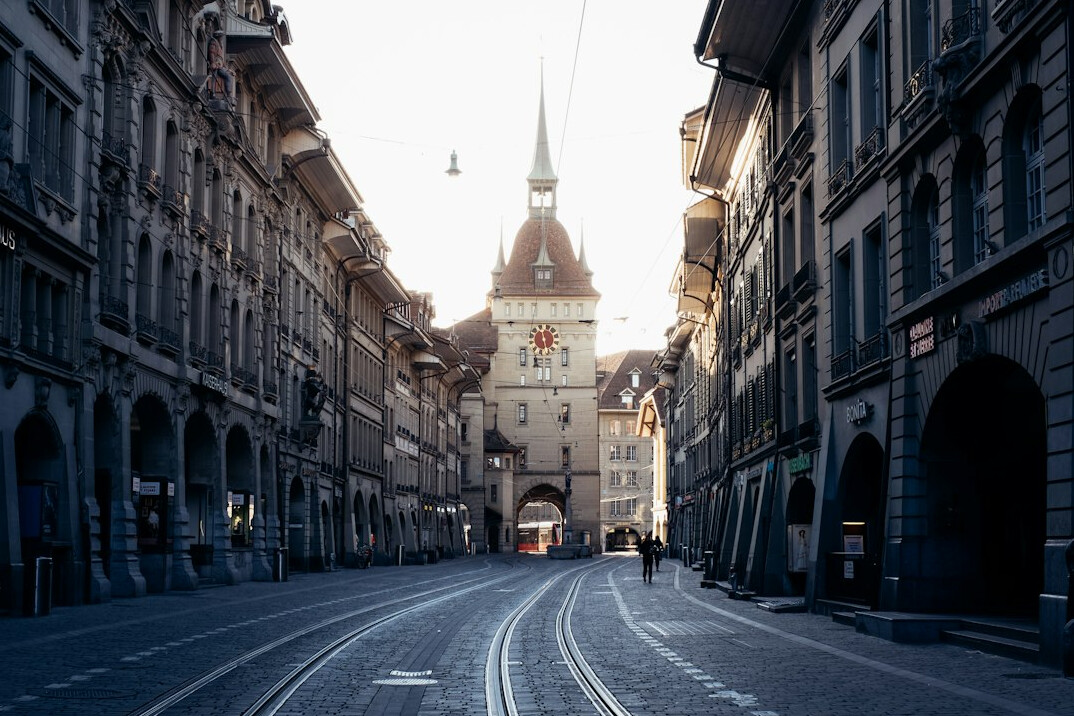 swiss city street at dusk