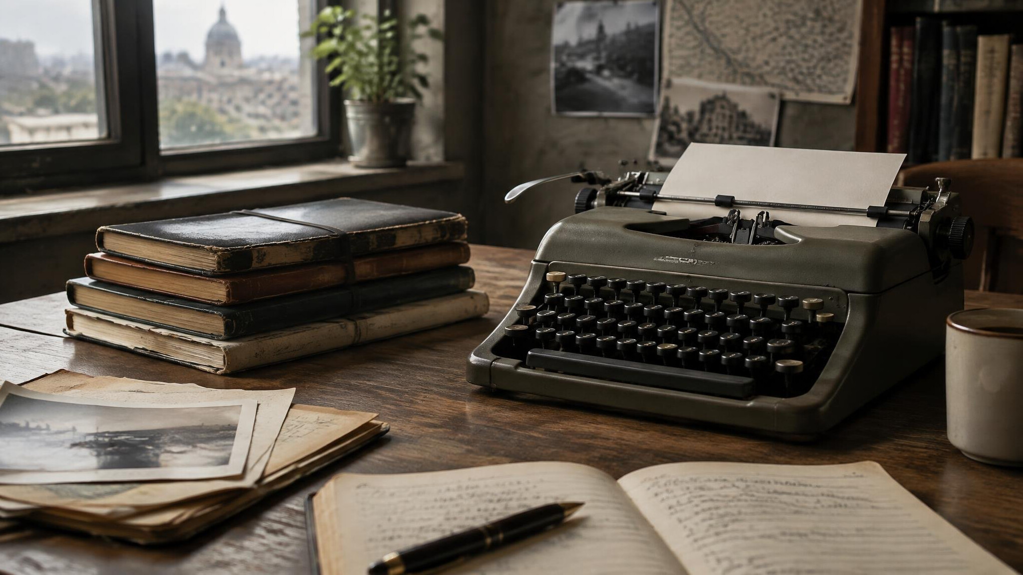 Old typewriter and stacked notebooks on a wooden desk suggesting long-form investigative writing